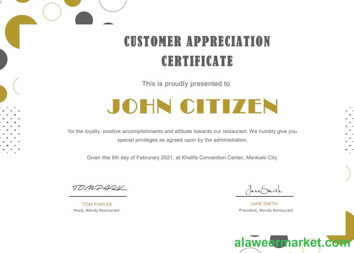 USA Customer Appreciation Certificate template in Word and PDF format